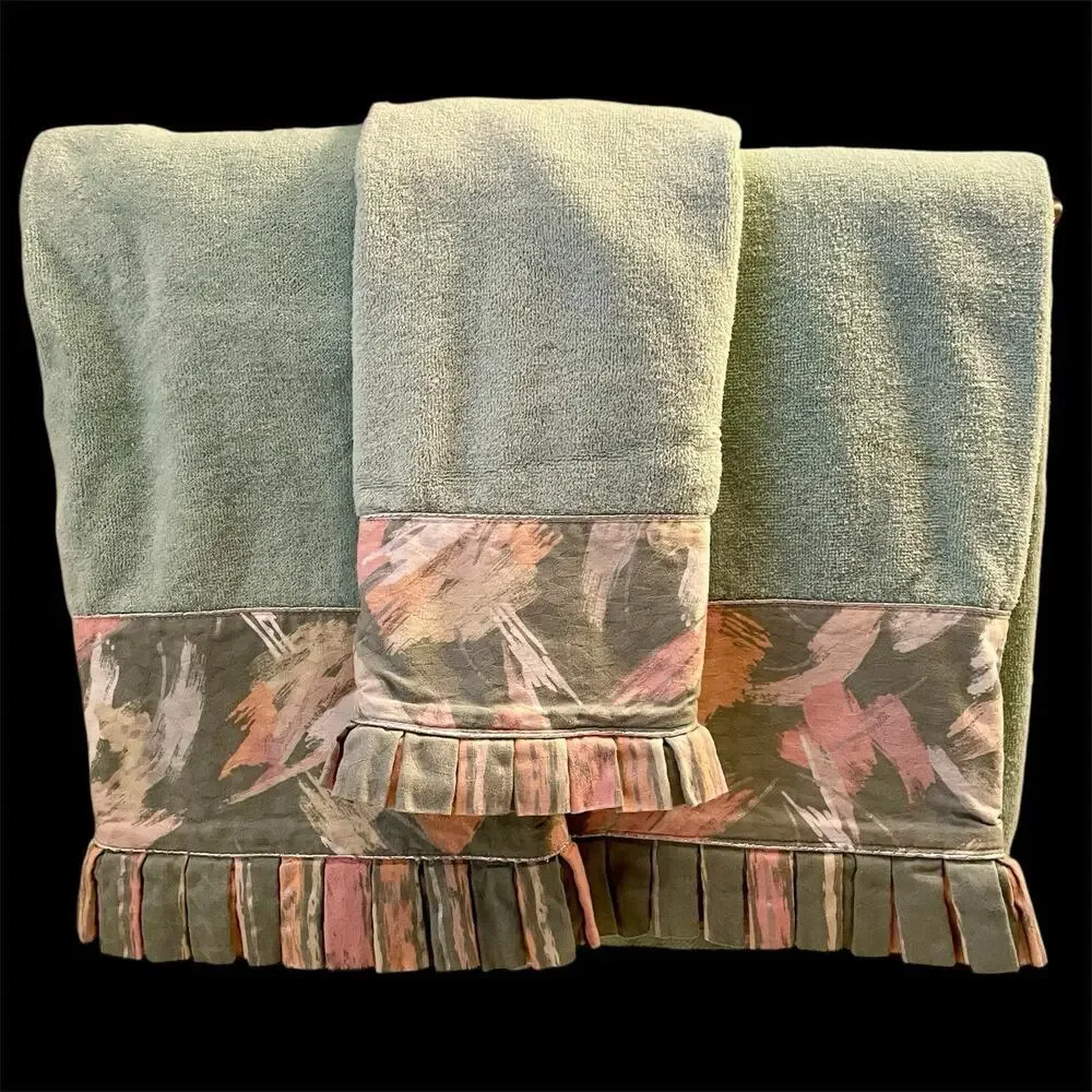 Fieldcrest Lustre Towel Set of Three Green Vintage 80s 2 Bath 1 Hand Cotton